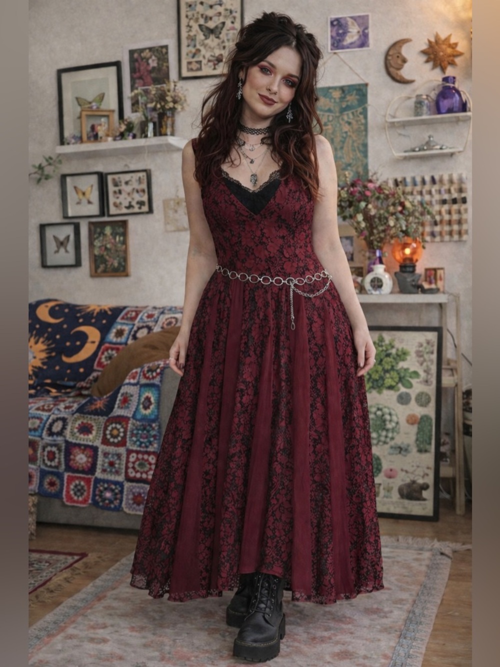 Vintage 90s Olivia Burgundy Lace Maxi Dress Whimsical Goth Boho Romantic M